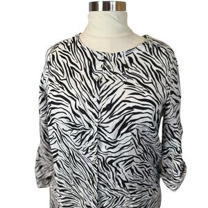 Cynthia Rowley Plus Linen Blouse Tunic Black White Zebra Button Up 1X Animal
